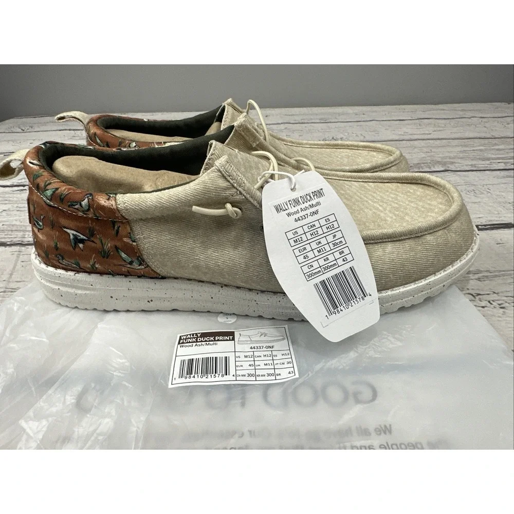 Hey Dude Men's Wally Funk Duck Print Wood Ash/Multi Slip-on Sneakers Size 12 NEW